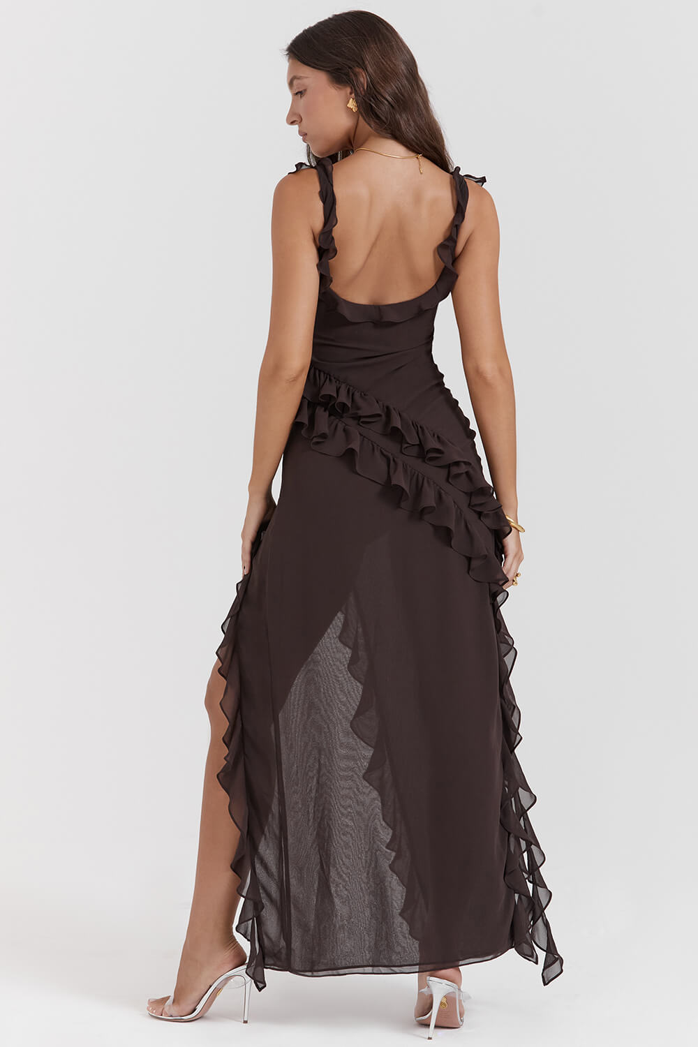 Espresso ruffle maxi dress