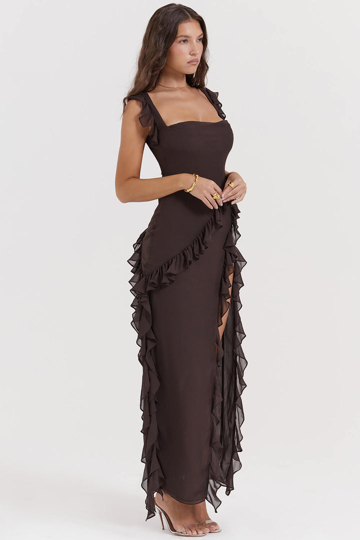 Espresso ruffle maxi dress